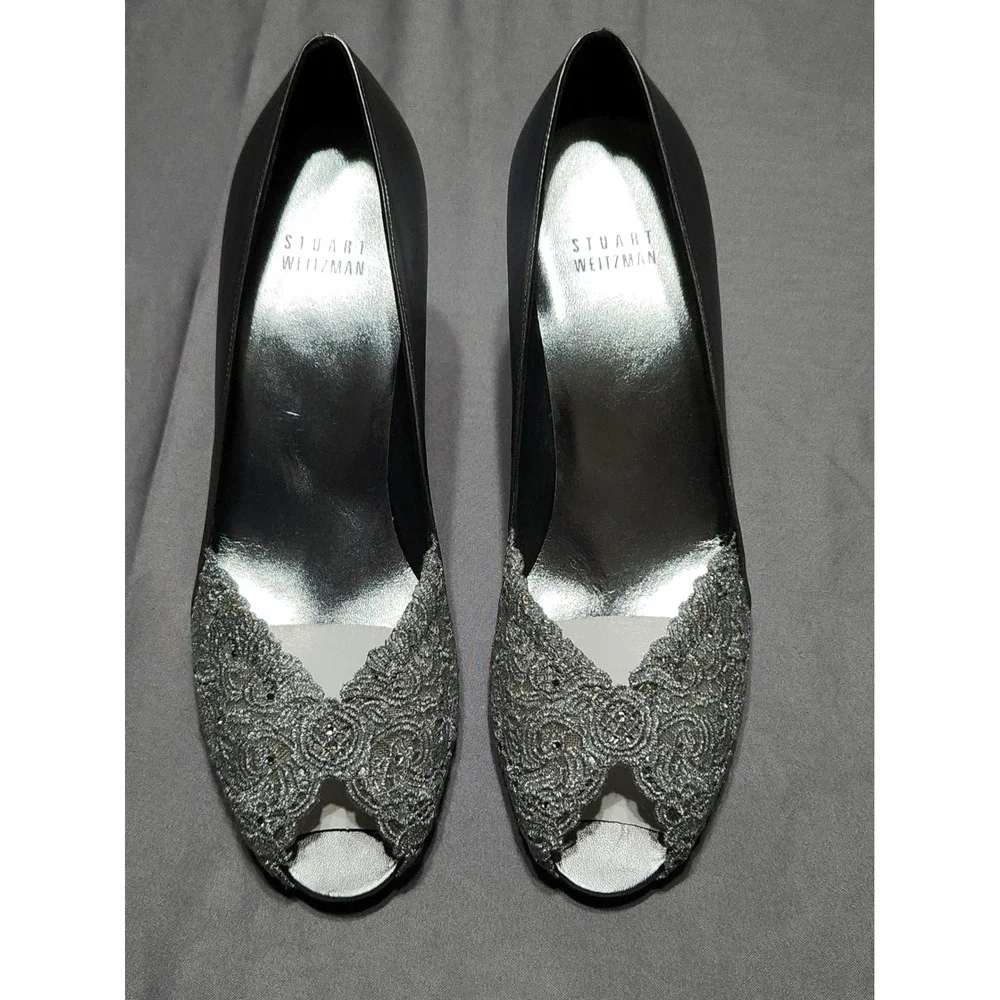 Stuart Weitzman Silver Lace Peep Toe Kitten Heels Evening Pumps Womens 7 M
